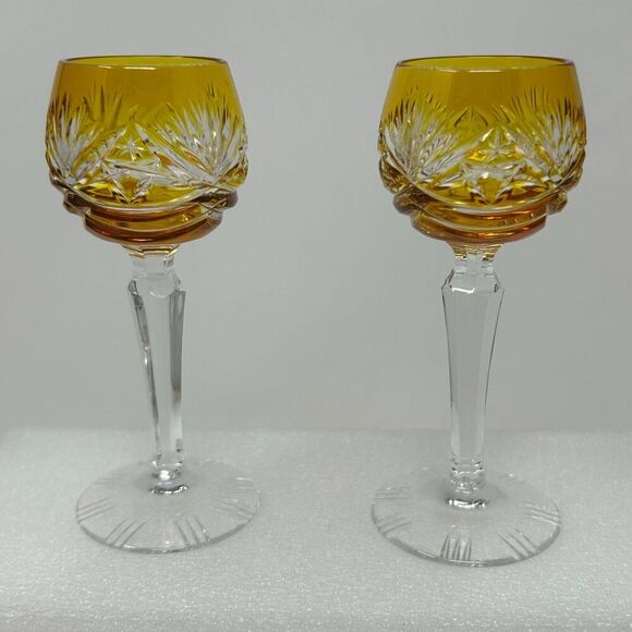 Nachtmann Traube Amber Yellow Cordial 4.75” Cut To Clear Crystal Glass Set 2 - Picture 15 of 16